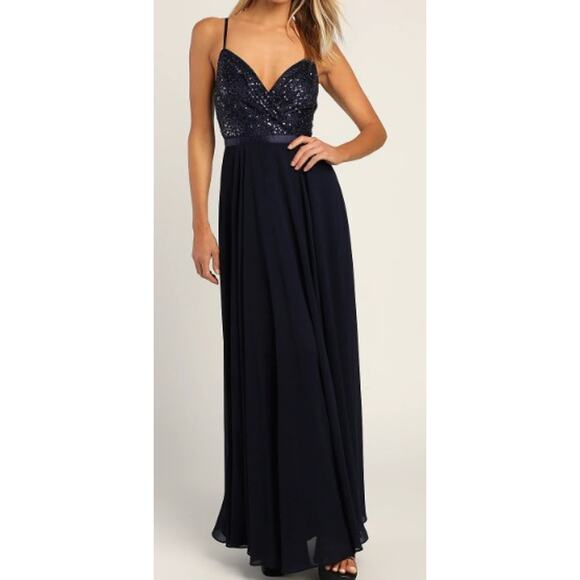 LULU'S SZ XS Memorable Mystique Navy Blue Sleeveless Sequin Maxi Dress NEW B18 - Picture 1 of 9